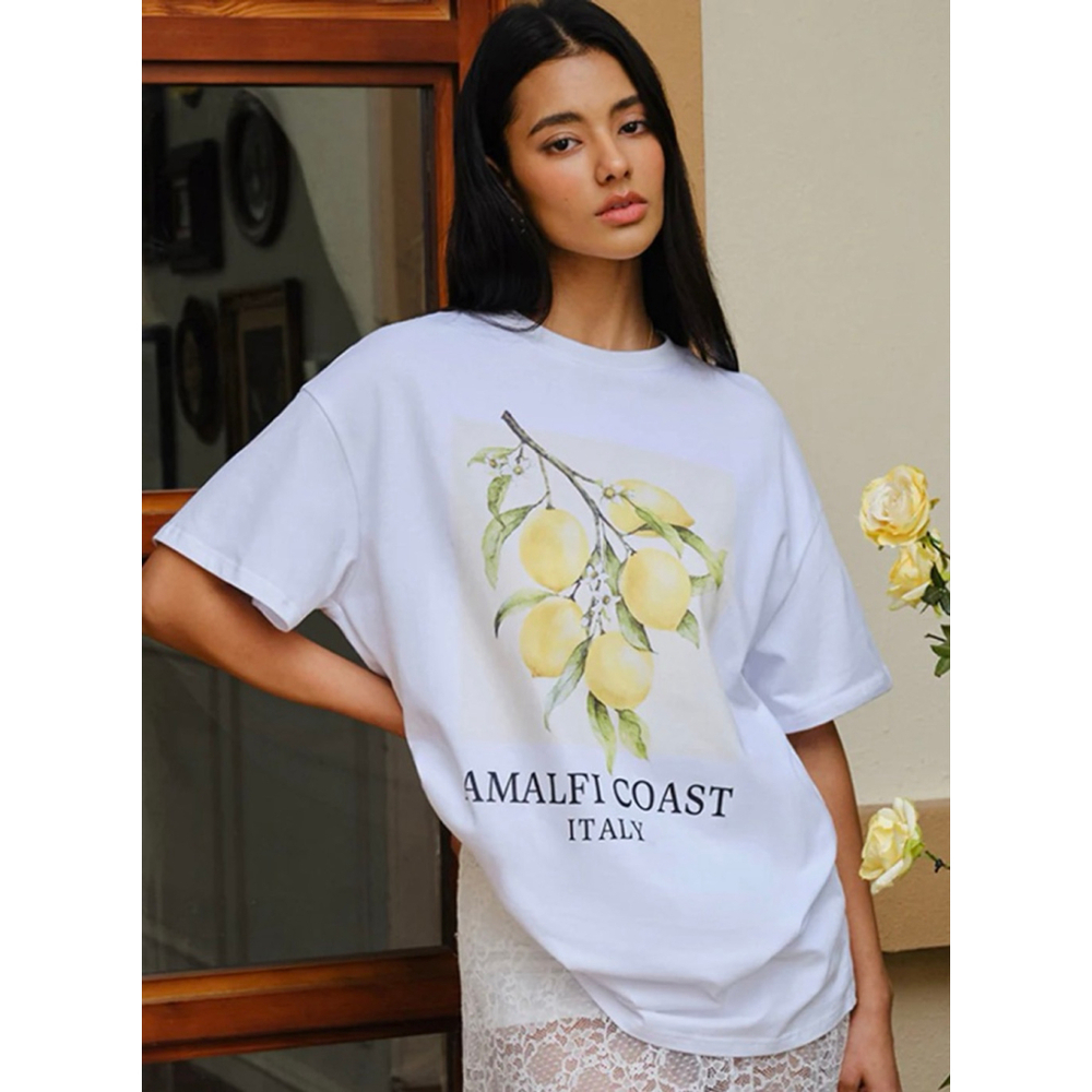 Commense Amalfi Coast Short Sleeve Tee White XS yellow lemons-Runs Big up to M